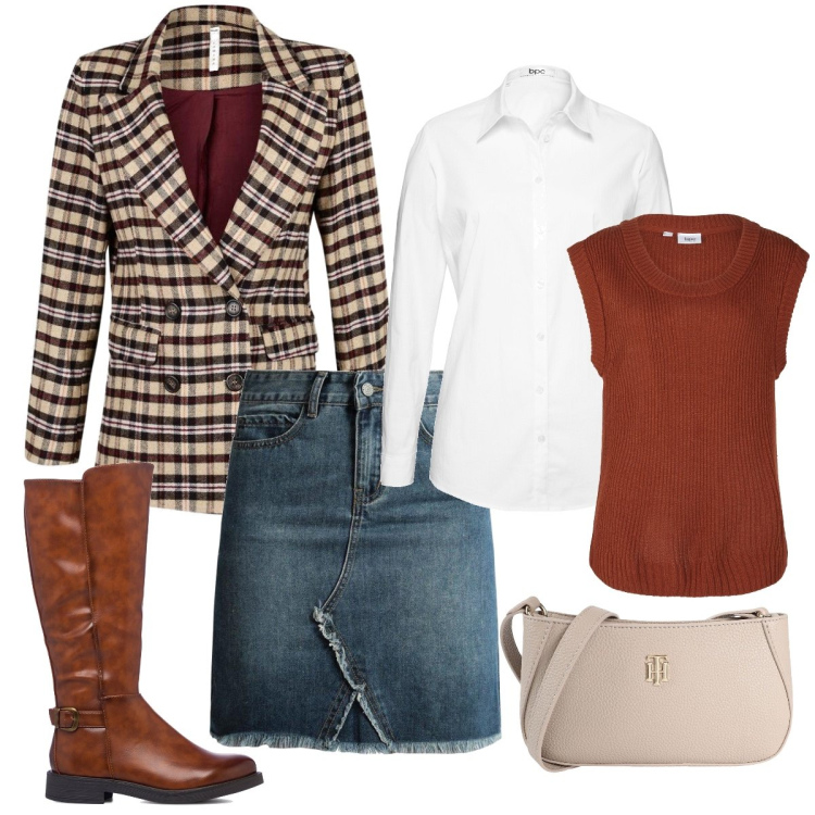 Outfit donna - Con gli stivali alla cavallerizza. Stile Casual per Tutti i giorni. Abbinamento con camicie, gilet, borse a tracolla, minigonne, blazer, stivali.