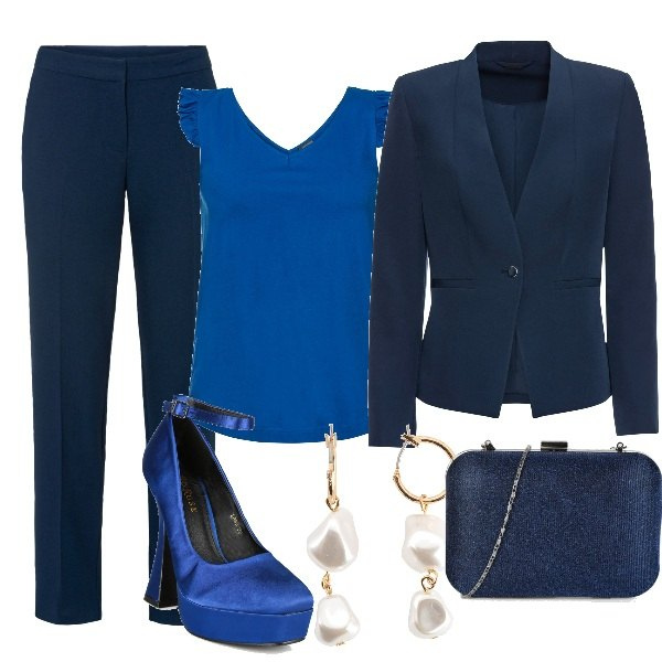 Outfit donna - Il tailleur economico. Stile Chic per Cerimonia. Abbinamento con blazer, top, pantaloni, orecchini, pochette, décolleté.
