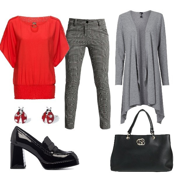 Outfit donna - Total look #1506095. Stile Trendy per Ufficio. Abbinamento con bluse, cardigans, borse a mano, pantaloni, orecchini, mocassini.