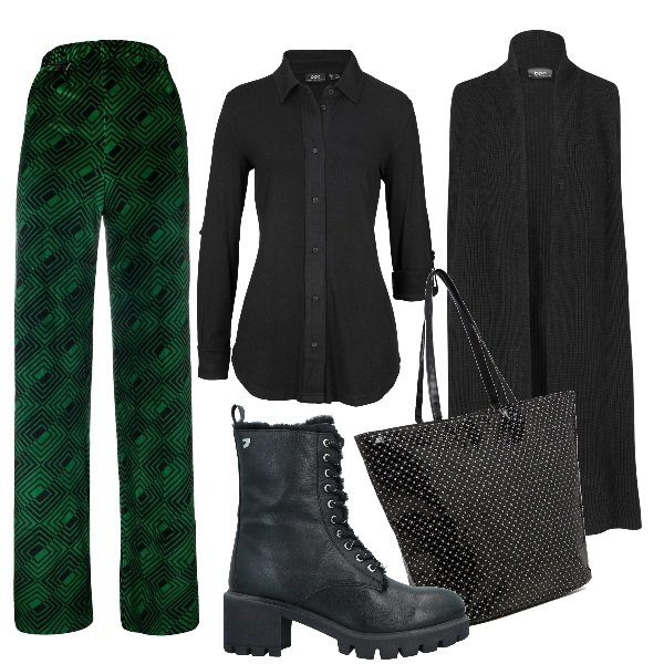 Outfit donna - Pantalone verde e nero. Stile Trendy per Tutti i giorni. Abbinamento con camicie, maglieria, stivaletti, pantaloni a palazzo, borse a spalla.