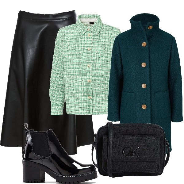 Outfit donna - Cappotto in lana bouclé. Stile Chic per Ufficio. Abbinamento con cappotti, stivaletti, gonne, camicie, borse a tracolla.