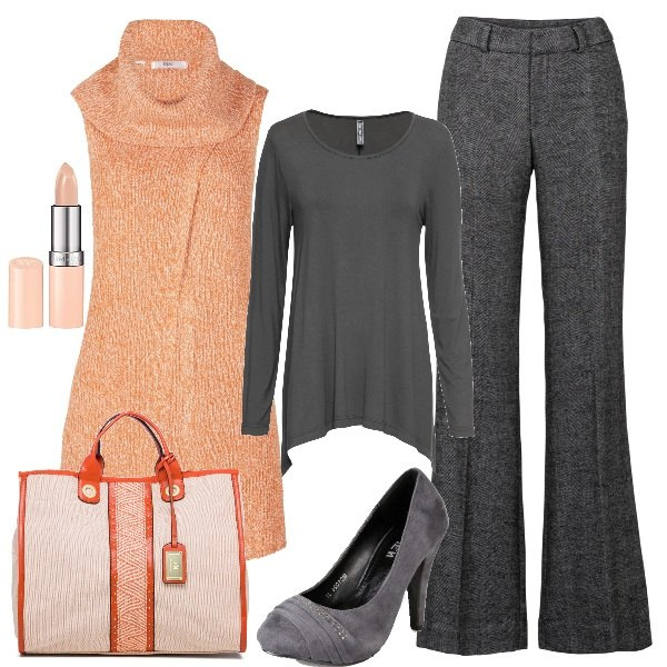 Outfit donna - Trendy plus size. Stile Trendy per Tutti i giorni. Abbinamento con pantaloni a palazzo, gilet, maglieria, décolleté, borse a mano, rossetti.