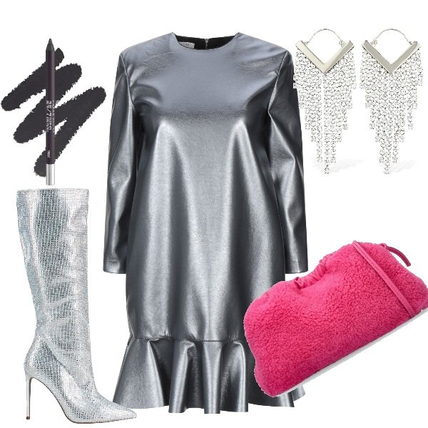 Outfit donna - Super serata. Stile Glamour per Serata fuori. Abbinamento con stivali, vestiti corti, orecchini, eyeliner, pochette.