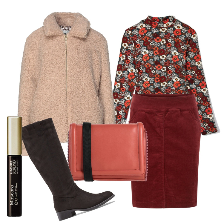 Outfit donna - I fiori rossi. Stile Casual chic per Tutti i giorni. Abbinamento con stivali, gonne, cappotti, borse a tracolla, t-shirt, mascara.