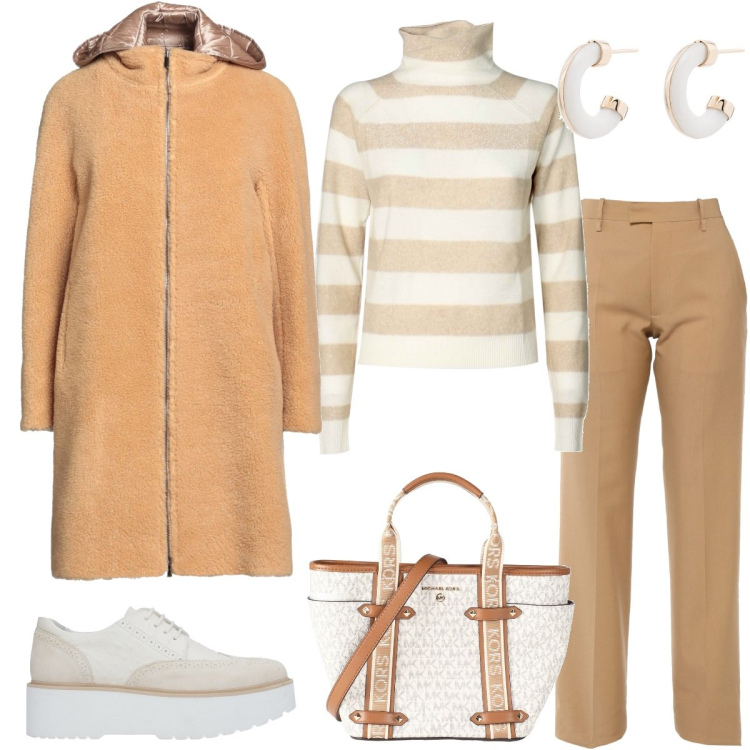 Outfit donna - Università. Stile Casual per Scuola/Università. Abbinamento con scarpe stringate, borse a mano, cappotti, pantaloni, orecchini, maglieria.