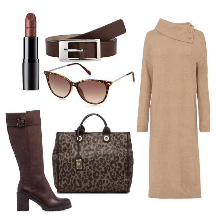 Outfit donna - Total look #1506224. Stile Casual chic per Tutti i giorni. Abbinamento con vestiti chemisier, borse a mano, stivali sopra il ginocchio, occhiali da sole, cinture, rossetti.