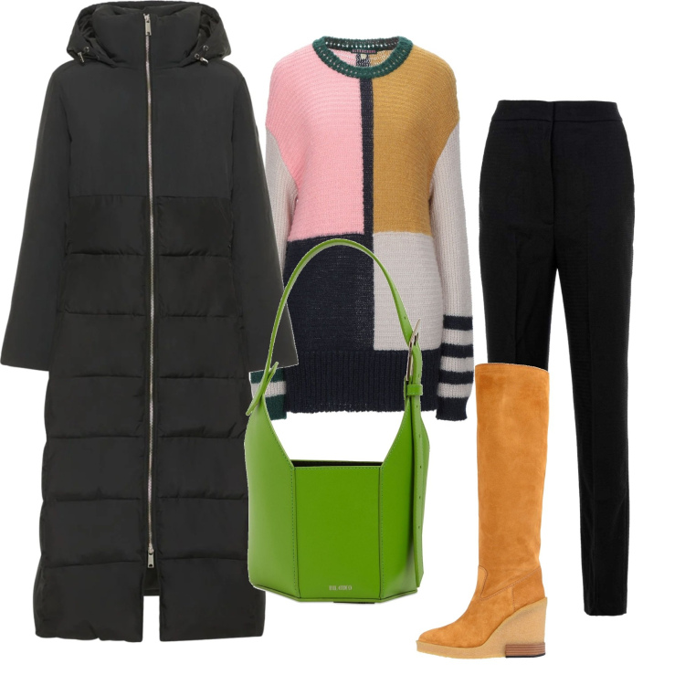 Outfit donna - Il maglione modern art. Stile Trendy per Tutti i giorni. Abbinamento con stivali, pullovers, pantaloni, borse a spalla, cappotti.