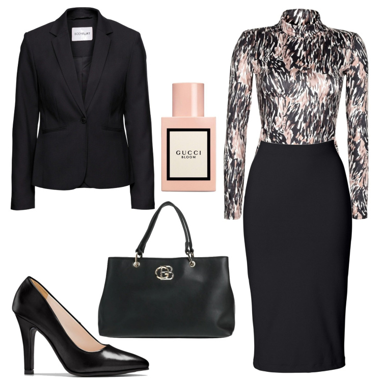 Outfit donna - Alla convetion. Stile Chic per Ufficio. Abbinamento con gonne longuette, blazer, décolleté, borse a mano, t-shirt, profumi.
