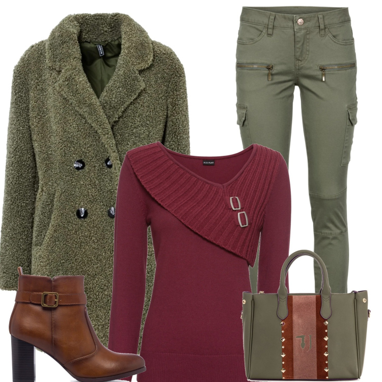 Outfit donna - Verde e bordeaux. Stile Casual chic per Tutti i giorni. Abbinamento con pantaloni cargo, maglieria, cappotti, borse a mano, stivaletti.