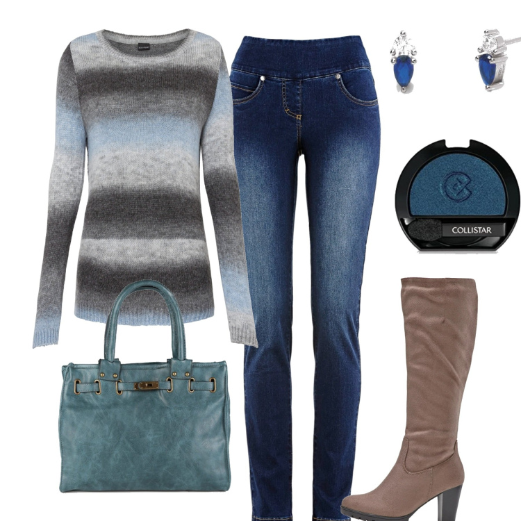 Outfit donna - In città. Stile Casual chic per Tutti i giorni. Abbinamento con jeans, maglieria, stivali, borse a mano, orecchini, ombretti.