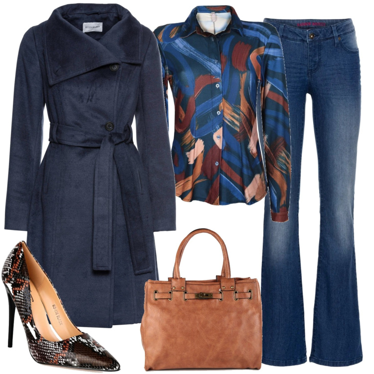 Outfit donna - In città. Stile Casual chic per Tutti i giorni. Abbinamento con jeans bootcut, cappotti, camicie, borse a mano, décolleté.