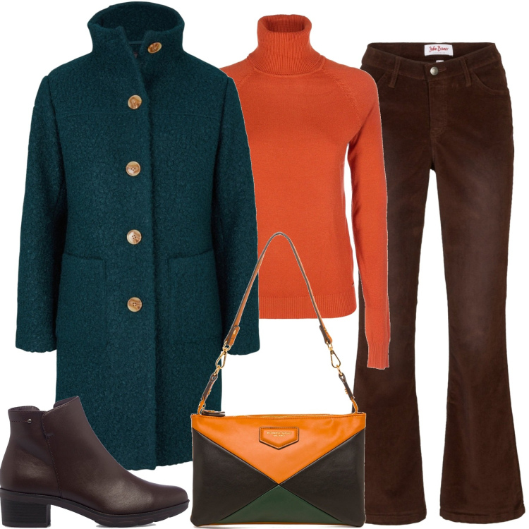 Outfit donna - In città. Stile Casual chic per Tutti i giorni. Abbinamento con cappotti, pantaloni, maglieria, borse a tracolla, stivaletti.