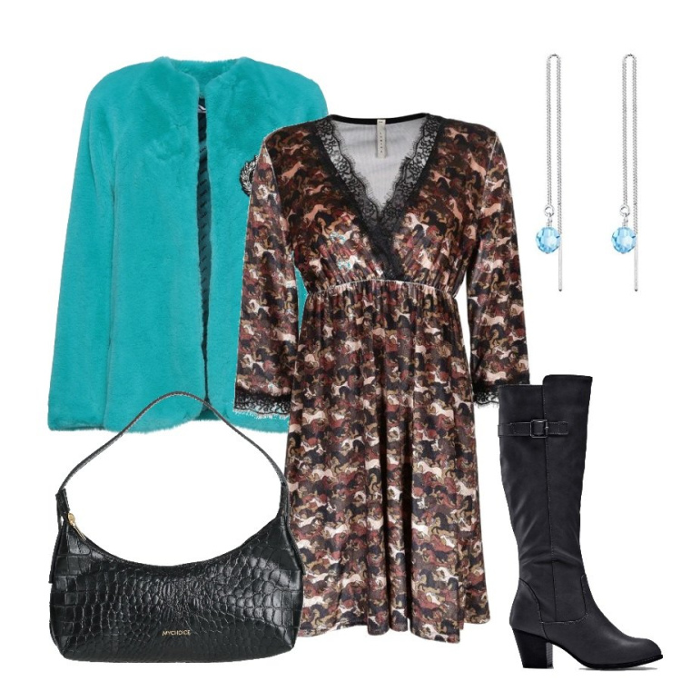 Outfit donna - Outfit della domenica. Stile Bon Ton per Serata fuori. Abbinamento con stivali, cappotti, borse a mano, vestiti midi/longuette, orecchini.