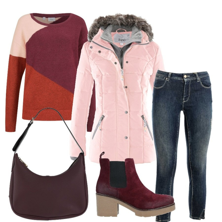 Outfit donna - Il piumino rosa imbottito. Stile Casual chic per Tutti i giorni. Abbinamento con piumini, maglieria, stivaletti, borse a spalla, pantaloni.