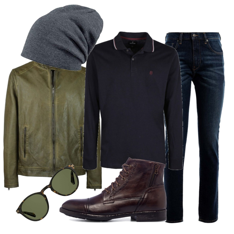 Outfit uomo - Aperitivo con gli amici. Stile Urban per Tutti i giorni. Abbinamento con giacche, polo, jeans, anfibi, occhiali da sole, berretti.