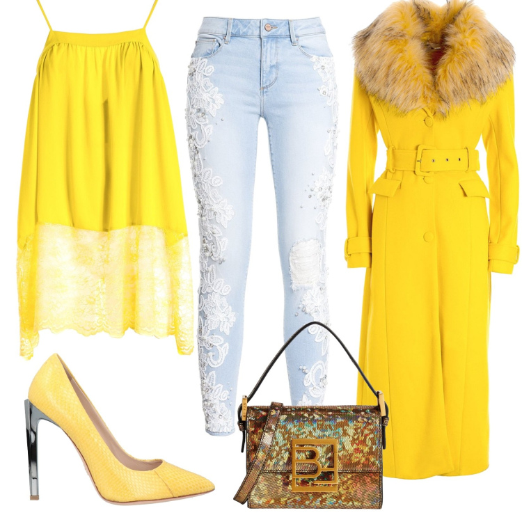 Outfit donna - Compleanno in discoteca. Stile Trendy per Serata fuori. Abbinamento con décolleté, borse a mano, cappotti, jeans, top.