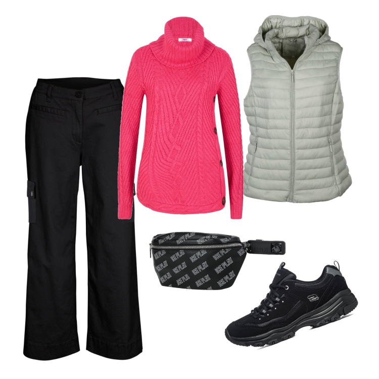 Outfit donna - Guida turistica (veg ok). Stile Basic per Tutti i giorni. Abbinamento con pantaloni cargo, maglieria, marsupi, gilet, sneakers.