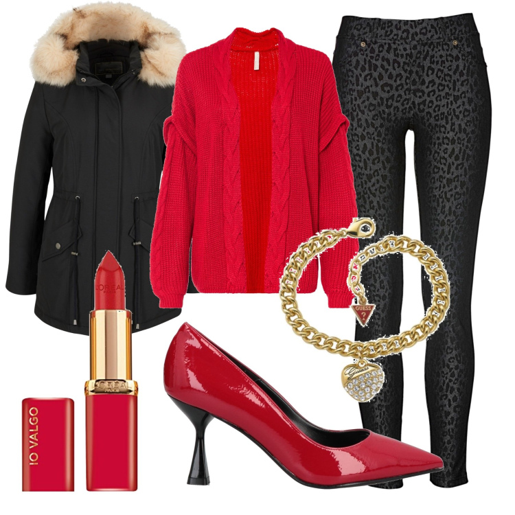 Outfit donna - Istinto felino. Stile Glamour per Tutti i giorni. Abbinamento con jeggings, parka, cardigans, décolleté, braccialetti, rossetti.