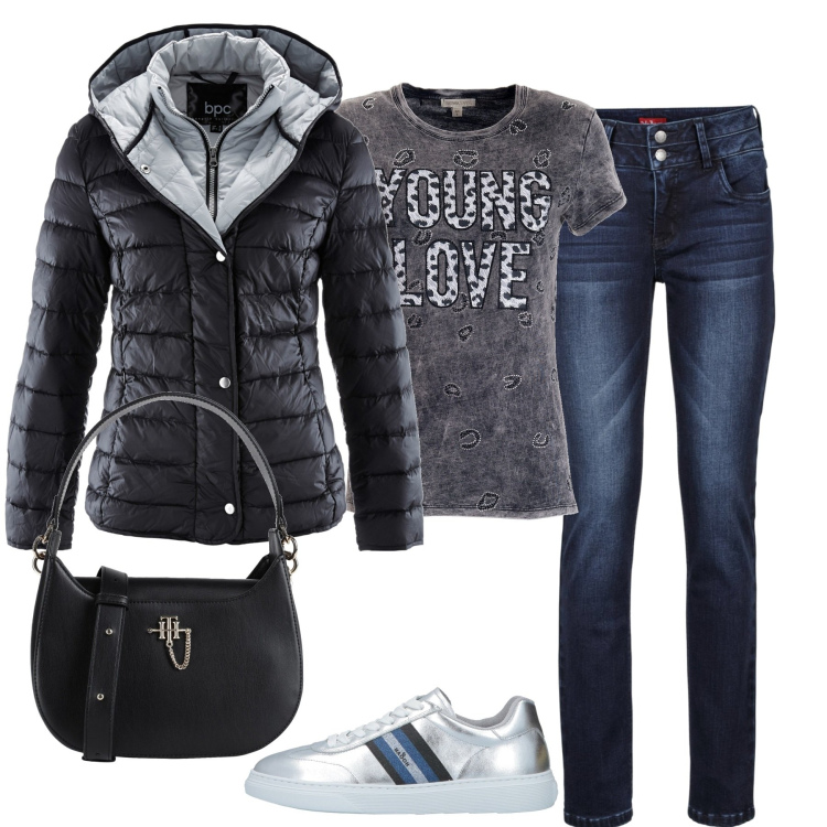 Outfit donna - Total look #1506909. Stile Casual per Tutti i giorni. Abbinamento con piumini, jeans, sneakers, borse a mano, t-shirt.