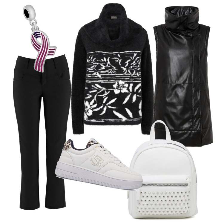 Outfit donna - Il giaccone smanicato. Stile Sporty chic per Tutti i giorni. Abbinamento con pantaloni, gilet, maglieria, sneakers alte, zaini, braccialetti.