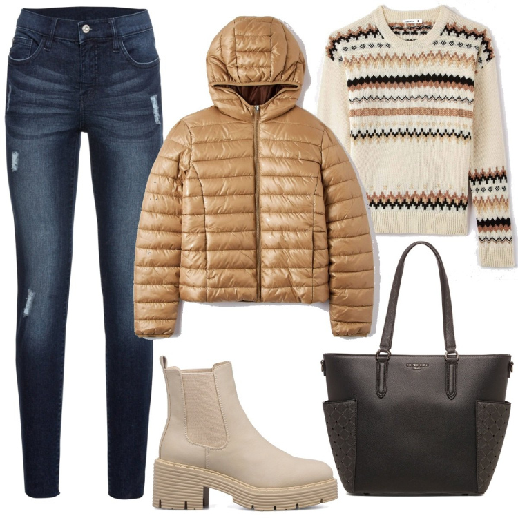 Outfit donna - Basic & Low Cost. Stile Basic per Tutti i giorni. Abbinamento con jeans strappati, cappotti, maglieria, stivaletti, borse a spalla.