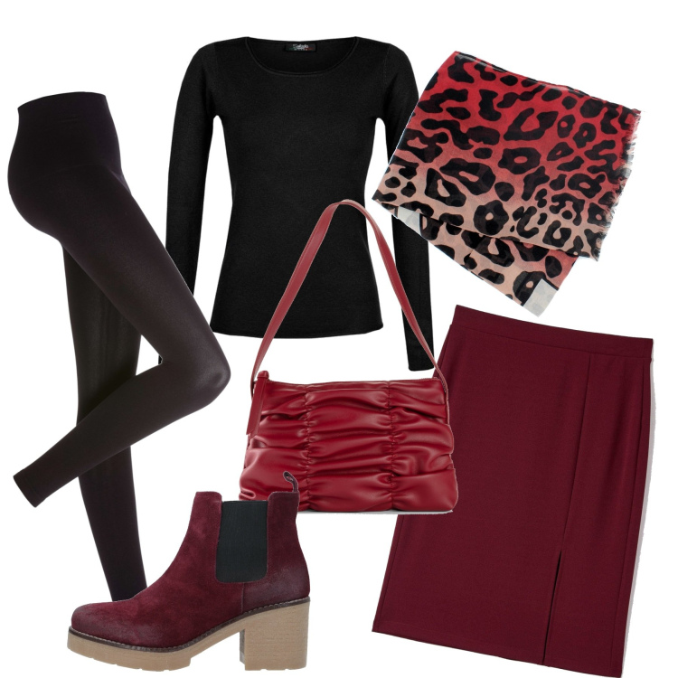 Outfit donna - Nero e rosso amarena. Stile Chic per Serata fuori. Abbinamento con leggings, borse a mano, stivaletti, gonne, pullovers, sciarpe.