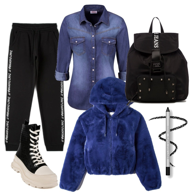 Outfit donna - Urban #426. Stile Urban per Scuola/Università. Abbinamento con camicie, sneakers alte, cappotti, pantaloni, borse a spalla, eyeliner.