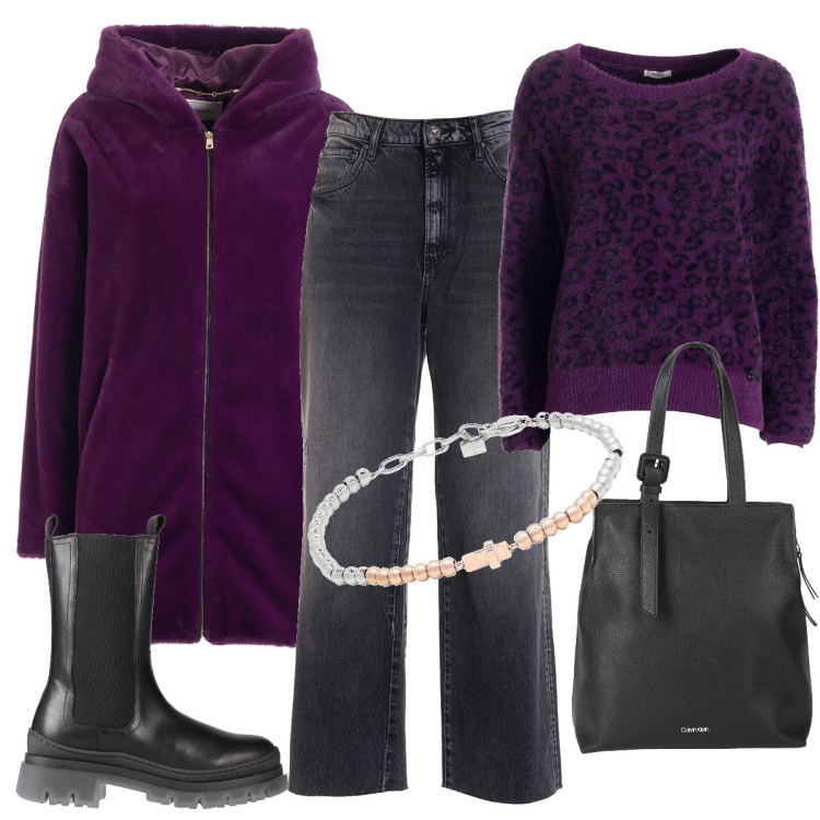 Outfit donna - Voglia di viola. Stile Basic per Tutti i giorni. Abbinamento con borse a mano, braccialetti, stivaletti, maglieria, cappotti, jeans.