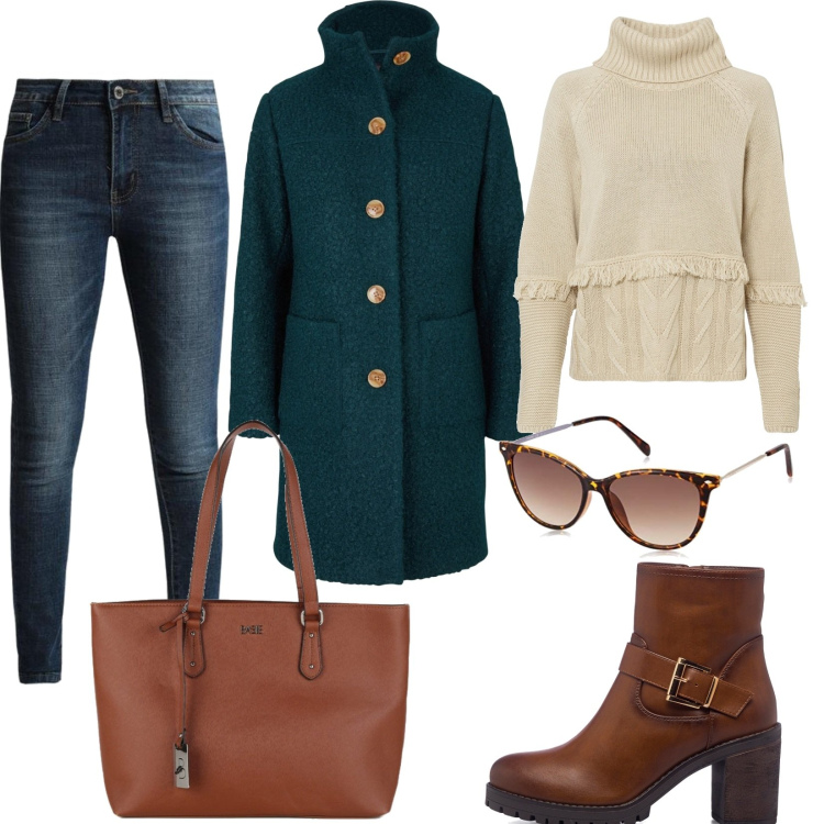 Outfit donna - Con gli amici in giro. Stile Casual per Tutti i giorni. Abbinamento con cappotti, maglieria, jeans skinny, borse a spalla, stivaletti, occhiali da sole.