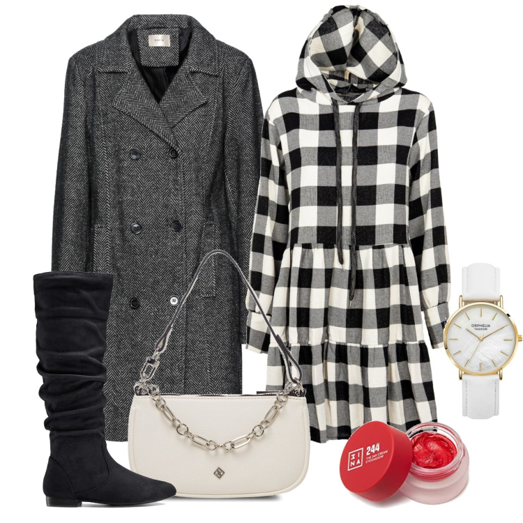 Outfit donna - Con il gloss rosso. Stile Urban per Tutti i giorni. Abbinamento con stivali, cappotti, vestiti corti, borse a tracolla, orologi analogici, ombretti.