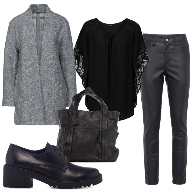 Outfit donna - Total look #1507527. Stile Trendy per Tutti i giorni. Abbinamento con bluse, pantaloni skinny, cappotti, borse a mano, scarpe stringate.