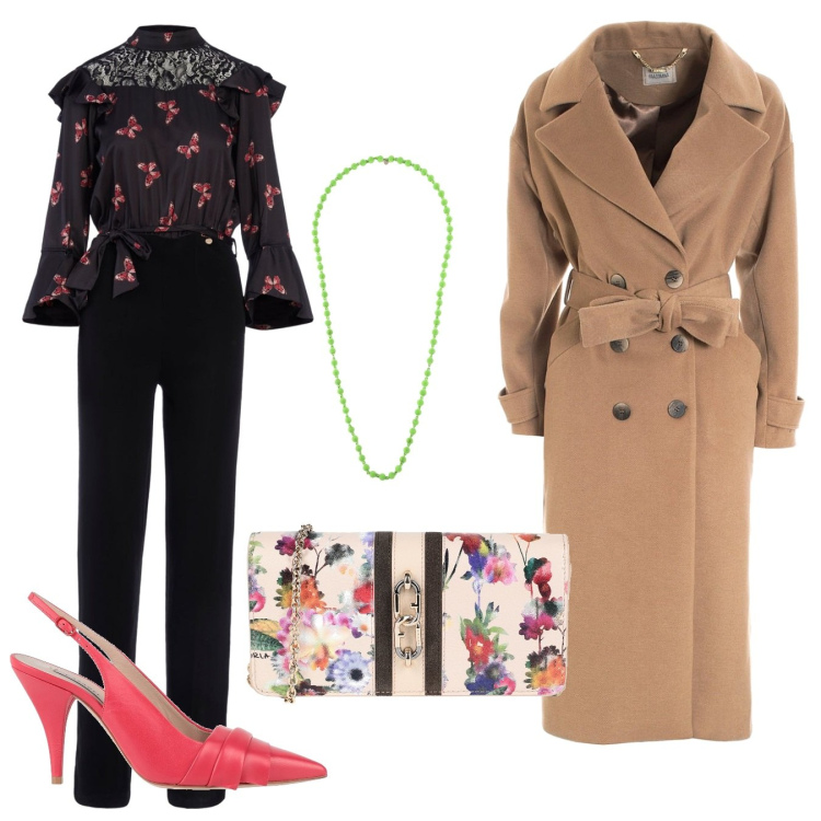 Outfit donna - Fiori e farfalle. Stile Chic per Serata fuori. Abbinamento con borse a tracolla, collane, décolleté, tute, cappotti.