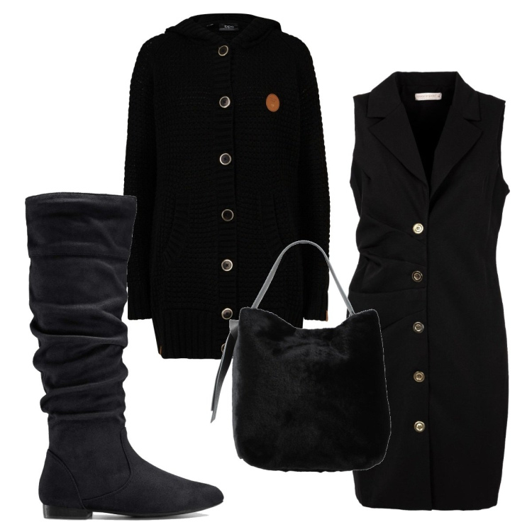 Outfit donna - Total look #1507714. Stile Trendy per Tutti i giorni. Abbinamento con stivali, cardigans, borse a mano, vestiti corti.