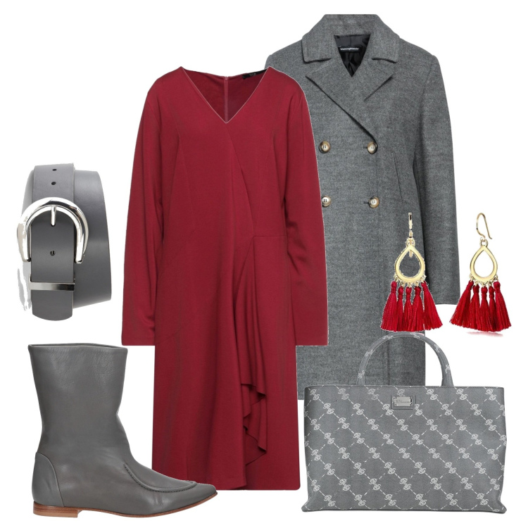 Outfit donna - Rosso lacca sotto il cappotto. Stile Chic per Tutti i giorni. Abbinamento con vestiti midi/longuette, cappotti, borse a mano, stivaletti, cinture, orecchini.