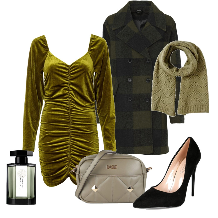 Outfit donna - Abito a sorpresa. Stile Chic per Serata fuori. Abbinamento con ballerine, vestiti, décolleté, borse a mano, profumi, sciarpe.