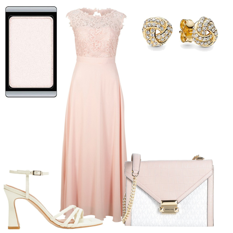 Outfit donna - Vestito lungo rosa pizzo. Stile Chic per Cerimonia. Abbinamento con vestiti lunghi, borse a tracolla, sandali in pelle, orecchini, ombretti.