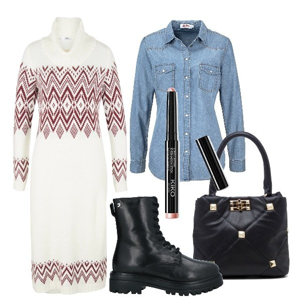 Outfit donna - Camicia jeans sopra il vestito. Stile Casual per Scuola/Università. Abbinamento con camicie, vestiti midi/longuette, stivaletti, borse a mano, ombretti.