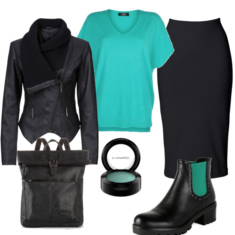 Outfit donna - Nero e verde. Stile Casual per Tutti i giorni. Abbinamento con blazer, gonne longuette, zaini, stivaletti, pullovers, ombretti.