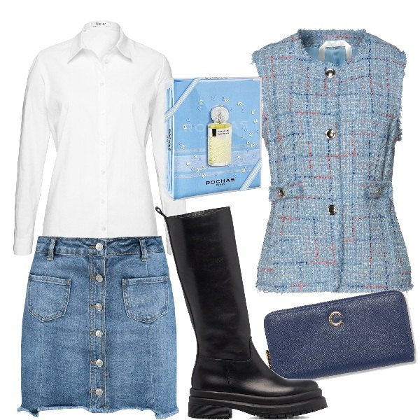 Outfit donna - Giacchina chanel smanicata. Stile Bon Ton per Tutti i giorni. Abbinamento con camicie, blazer, minigonne, stivali, portafogli, profumi.