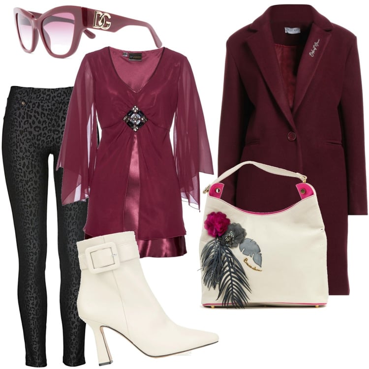 Outfit donna - Red Butterfly. Stile Romantica per Serata fuori. Abbinamento con jeggings, tuniche, cappotti, stivaletti, borse a tracolla, occhiali da sole.