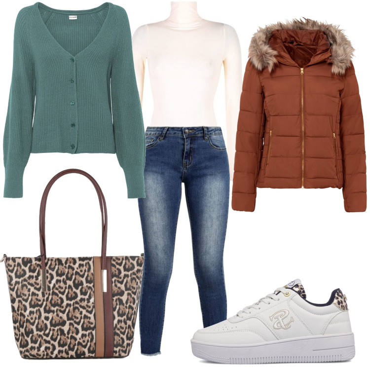 Outfit donna - Comoda universitaria. Stile Casual per Scuola/Università. Abbinamento con giacche, cardigans, borse a spalla, jeans slim fit, maglieria, sneakers alte.