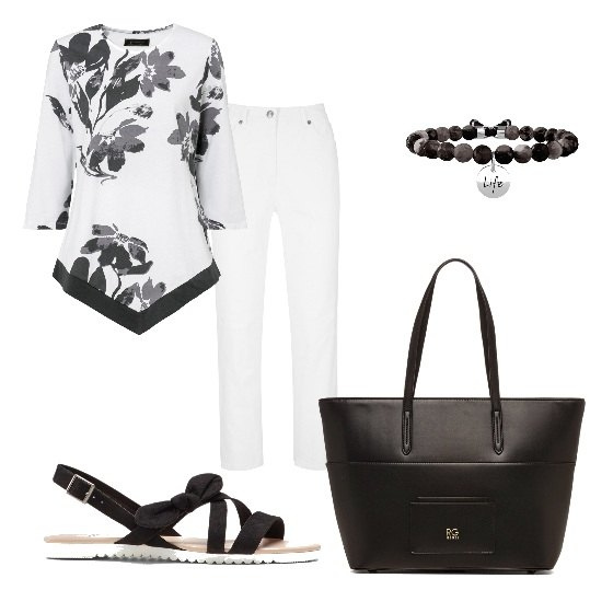 Outfit donna - Casacca fiori neri e pantaloni bianchi. Stile Casual chic per Tutti i giorni. Abbinamento con pantaloni, maglieria, sandali, braccialetti, borse a spalla.