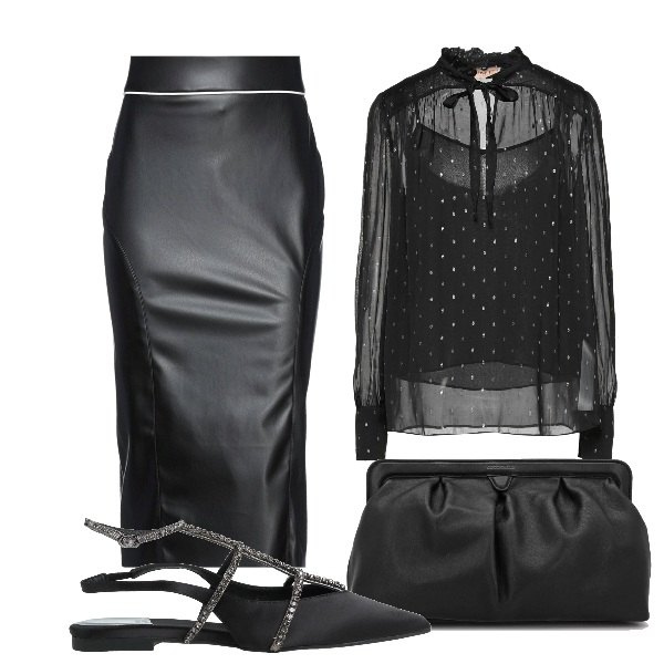 Outfit donna - Raffinata uscita in nero. Stile Chic per Serata fuori. Abbinamento con ballerine, bluse, gonne longuette, clutch.