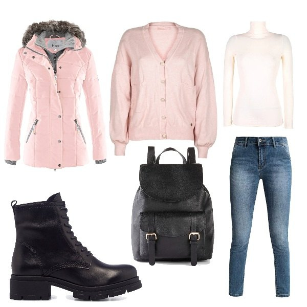 Outfit donna - All\'università. Stile Basic per Scuola/Università. Abbinamento con piumini, zaini, jeans slim fit, maglieria, cardigans, anfibi.