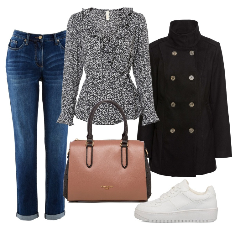 Outfit donna - Back to Uni. Stile Basic per Scuola/Università. Abbinamento con jeans boyfriend, bluse, caban, borse a mano, sneakers.