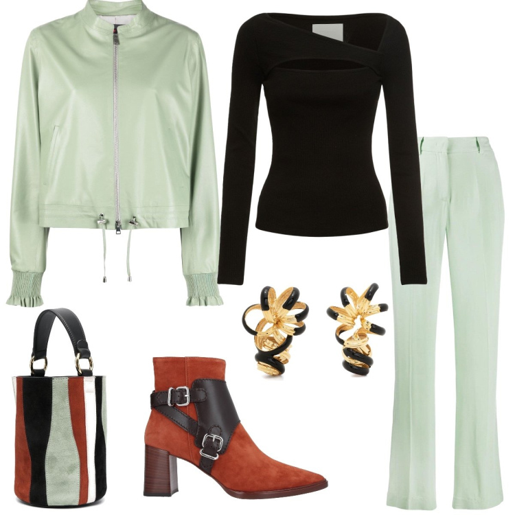 Outfit donna - Alla mostra d’arte. Stile Chic per Serata fuori. Abbinamento con stivaletti, borse a secchiello, orecchini, pantaloni, giacche, top.