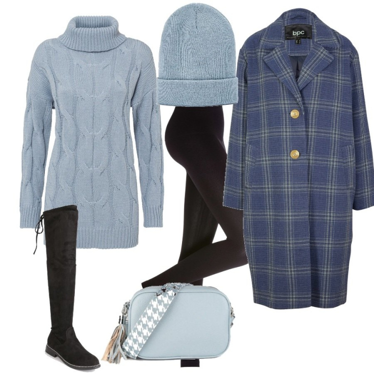Outfit donna - Celeste. Stile Glamour per Tutti i giorni. Abbinamento con leggings, maglieria, cappotti, cappelli con visiera, borse a mano, stivali sopra il ginocchio.