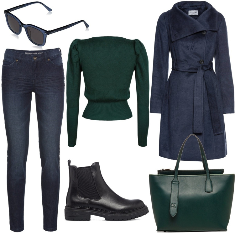 Outfit donna - Si torna a lezione!. Stile Basic per Scuola/Università. Abbinamento con jeans skinny, cappotti, pullovers, borse a spalla, stivaletti, occhiali da sole.