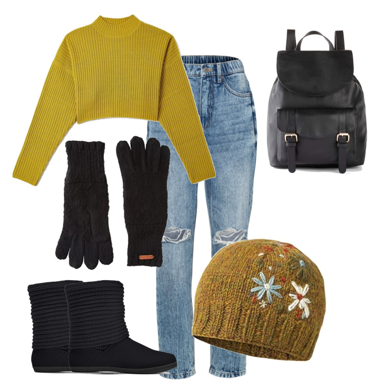 Outfit donna - Berretto e guanti. Stile Romantica per Tutti i giorni. look ideale per Tall. Abbinamento con stivali, jeans mom, zaini, maglieria, cappelli, guanti.