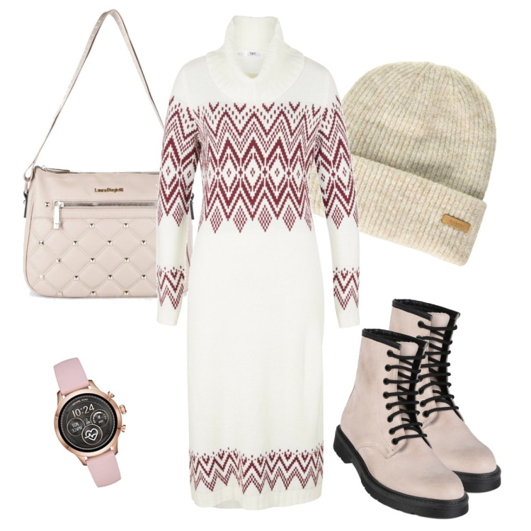 Outfit donna - L’abito invernale. Stile Casual chic per Tutti i giorni. Abbinamento con vestiti chemisier, borse a spalla, anfibi, orologi, berretti.